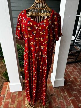 Vintage 90s Erika Floral Midi Dress Red Cottagecore Button Front L